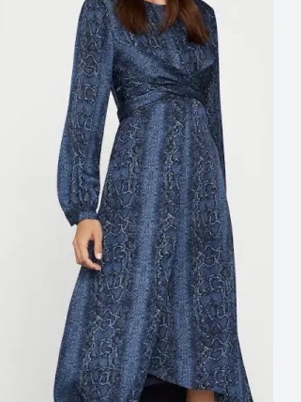 BCBG MaxAzria Blue Long-Sleeve Twist-Waist Midi Dress Elegant Classy snake